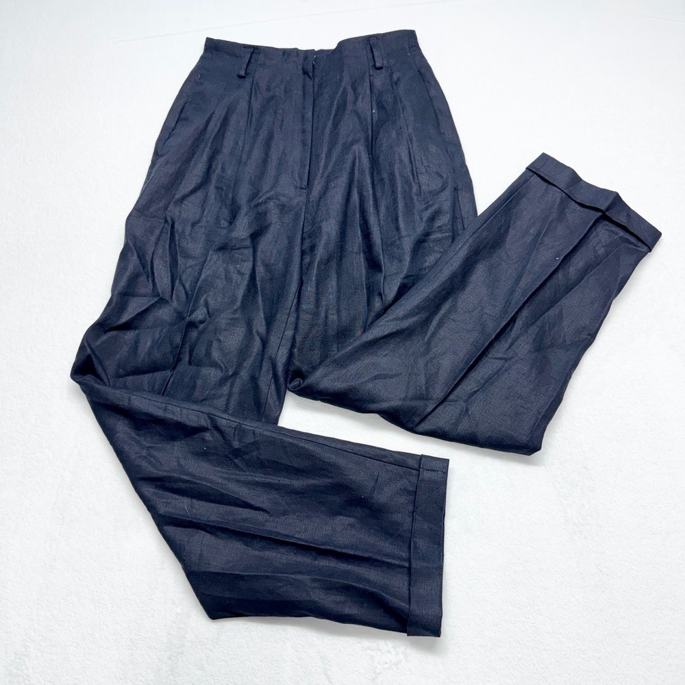 Valerie Stevens Pleated Trousers Womens 8 Navy Blue Pure Linen High Rise Size 8